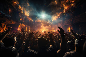 DJ night club party rave with a crowd, representing music, celebration, and a festive atmosphere. Generative Ai.