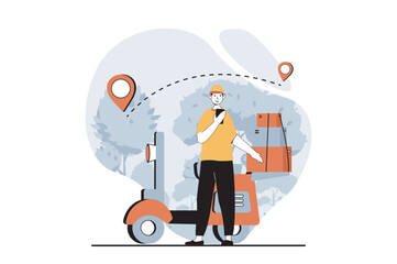 Delivery service concept with people scene in flat design for web. Man courier with motorbike carrying boxes with online tracking. Vector illustration for social media banner, marketing material.