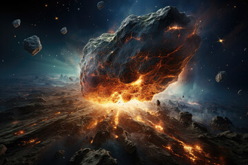 Scene in outer space with an asteroid, evoking the vastness and mystery of the universe. Generative Ai.