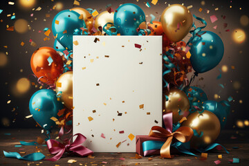 Birthday party invitation featuring colorful party streamers, confetti, and space for text, setting the festive mood for a celebration. Generative Ai.