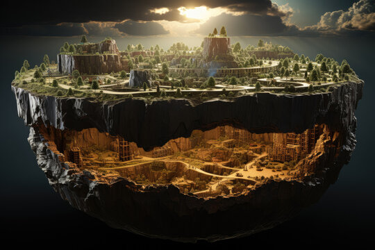 Cross-section of Earth's soil layers, creating a fantasy floating landscape resembling an island. Generative Ai.