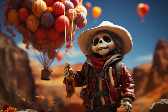Whimsical illustration of an adorable skeleton going on an adventure with a balloon, portraying a playful and imaginative scene. Generative Ai.