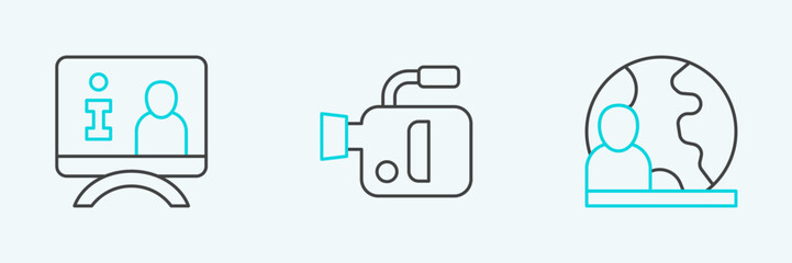 Set line World news, Television report and Cinema camera icon. Vector