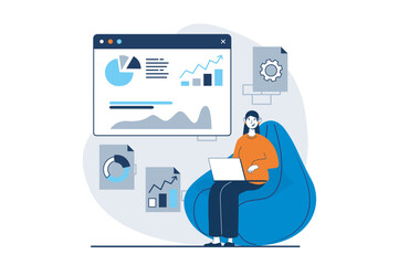 DevOps concept with people scene in flat design for web. Woman working with data graphs of project workflow, optimization processes. Vector illustration for social media banner, marketing material.