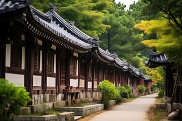 Serene Row of Traditional Korean Temple Buildings in Lush Forest