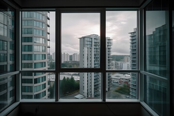 view of urban buildings from apartment window ,generative ai