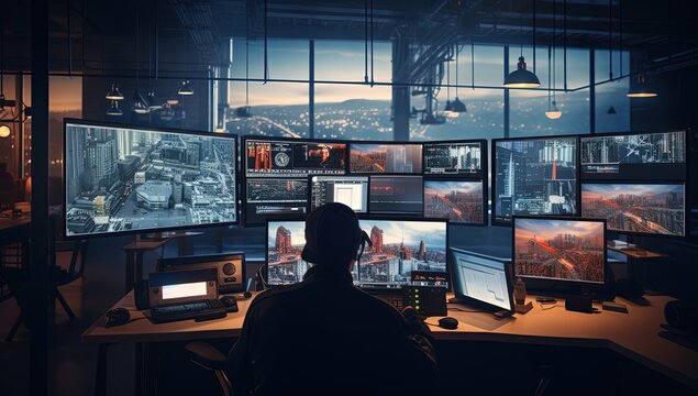cyber security center or cctv room with staff monitoring on screen, Generative Ai