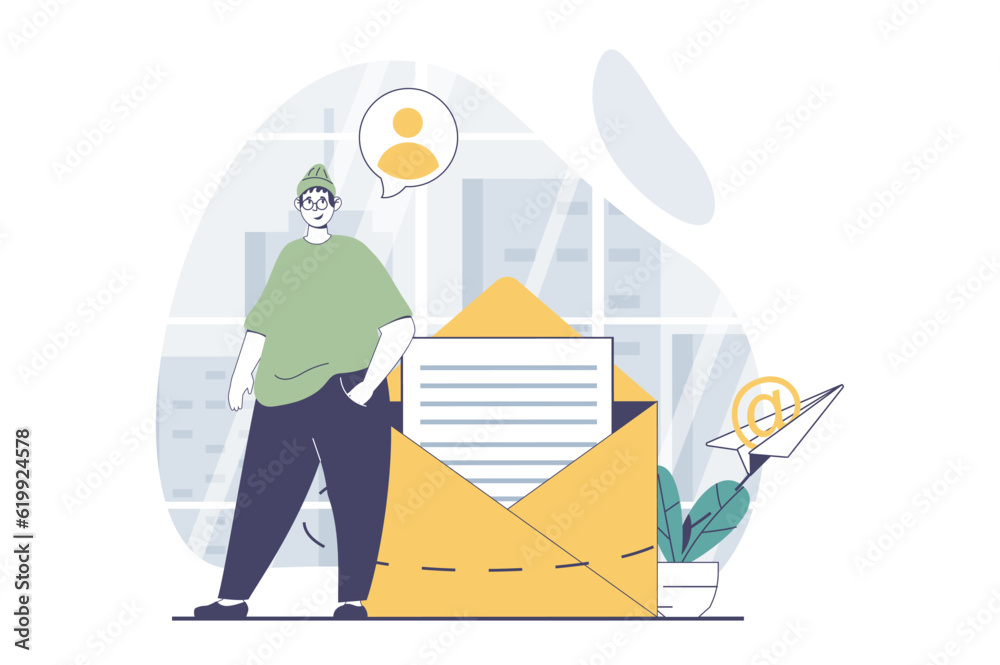 Poster email service concept with people scene in flat design for web. man writes and sends letters and pro