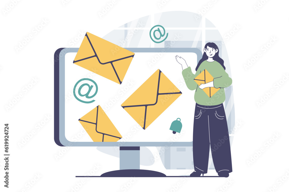 Fototapete email service concept with people scene in flat design for web. woman sending electronic letters wit