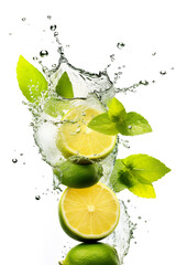 Limes and lime leaves are falling into the water. Generative AI. Green mint leaves and refreshing citrus taste.
