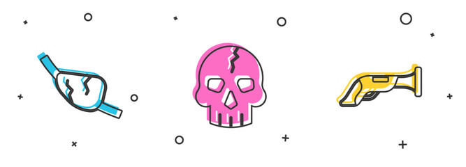 Set Pirate eye patch, Skull and Vintage pistol icon. Vector