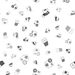 Set Delivery hand with box, ackage check mark, Container and Cardboard clock on seamless pattern. Vector