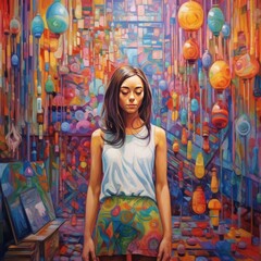 A girl stands in front of a colorful  wall, generative ai image
