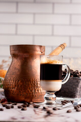 breakfast and snack with tea and coffee with cornstarch and chocolate alfajores with mini donuts and muffins