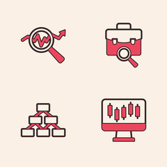 Set Stocks market growth graphs, Search data analysis, Work search and Hierarchy organogram icon. Vector