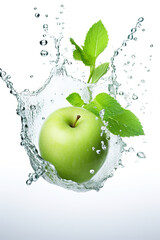 A green apple is splashing into the water. Generative AI. Green mint leaves and refreshing citrus taste.