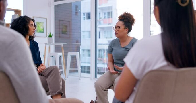 Community, support and mental health with business people in workshop for teamwork, psychology or empathy. Human resources, communication or team building with employees in circle for seminar meeting