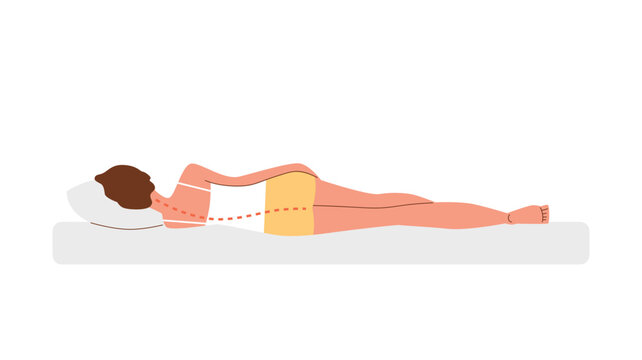 Vector Isolated Illustration Of Woman Lies On Her Side, The Neck And Spine Are Curve, Rear View, Incorrect Posture Of The Back