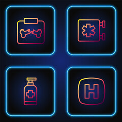 Set line Hospital signboard, Antibacterial soap, X-ray shots with broken bone and Emergency Star of Life. Gradient color icons. Vector