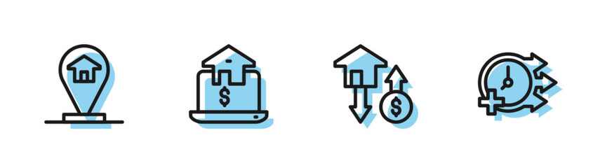 Set line House with dollar, Location house, Online real estate and Clock icon. Vector