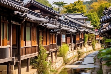 Serene Canalside Row of Traditional Japanese Wooden Houses, Autumn