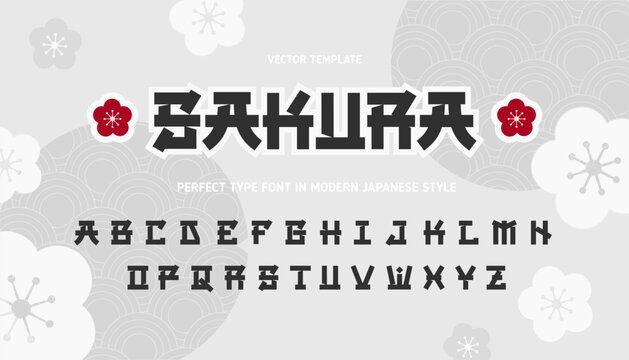 Sakura - Asian Japanese modern style vector font type.  Japanese style abstract background with sakura flowers