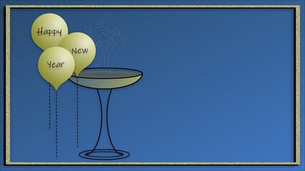 Abstract panoramic illustration of a glass of bubbling champagne and yellow balloons spelling out "happy new year" on a blue background with a yellow and black border