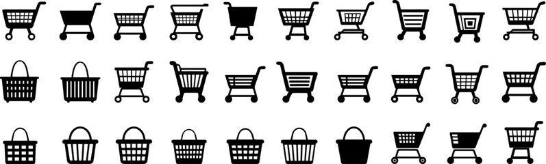 Shopping cart icons collection.Shopping basket vector icons.Empty supermarket shopping cart.Thin black buy and sale symbols.