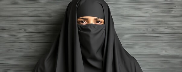 Muslim woman in niqab looking at camera over wooden background