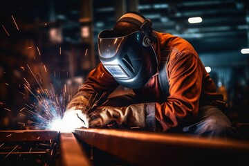 Worker utilizing a MIG/MAG welder to carry out construction tasks in a factory setting. This image captures the expertise and precision involved in welding processes Generative AI - obrazy, fototapety, plakaty