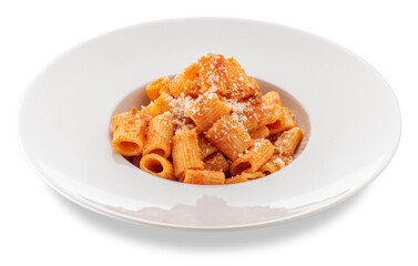 Mezze maniche macaroni with red tomato sauce and grated parmesan cheese in white plate, isolated