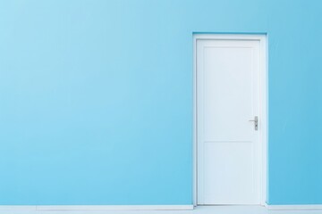 Inviting closed door: A white door set against a bright pastel blue wall background, offering a clean and minimalist aesthetic. This composition serves as a banner with ample copy space, Generative AI