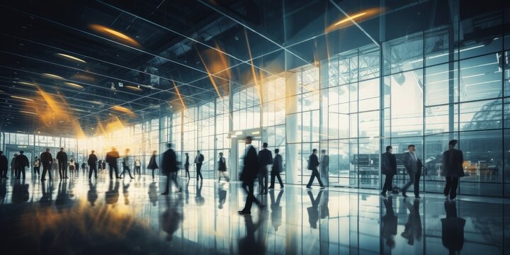 Dynamic business ambiance: Blurred image of business people walking at a trade fair, conference, or in a modern hall, creating a sense of movement and bustling activity. Generative AI