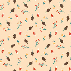 autumn doodle plants seamless pattern