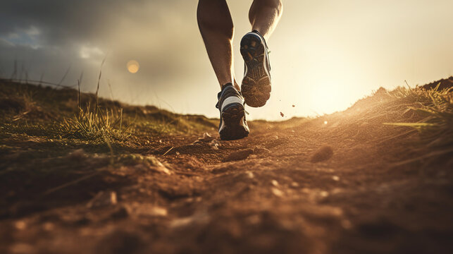 Close-up of legs of a male runner on a dirt road in the nature with sunlight. Outdoor trail running training.