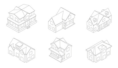 Isometric set of mansions in outline. Two storey houses with different roofs in isometric view.