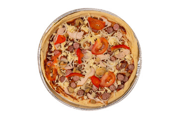 Tasty pizza with salami, sausages, cheese, onions and sauce.