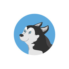 Cute and cheerful siberian husky with blue eyes, round icon - flat vector illustration isolated on white background.