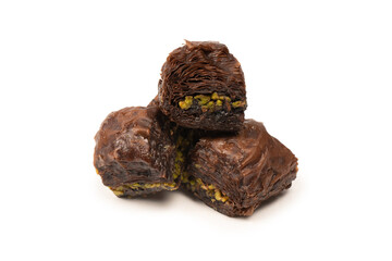 Turkish chocolate baklava isolated on white background.