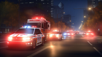 Emergency vehicles racing through the streets with flashing lights and sirens Generative AI