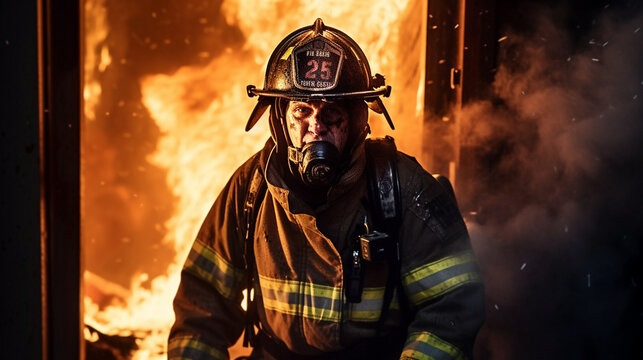 A firefighter in full gear entering a burning building to rescue someone in need Generative AI