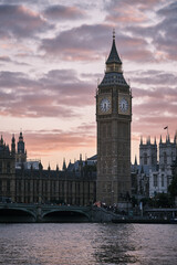 Big Ben and Westminster Bridge at sunset in London