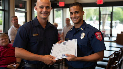 A first responder receiving recognition and gratitude from the community for their service Generative AI