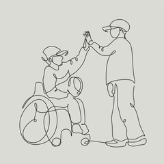 boy in wheelchair playing baseball with friend line vector