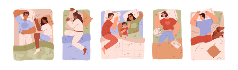 Cards about healthy sleep with people in beds, flat vector illustration.