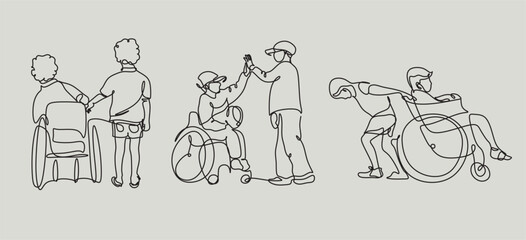 Friendship with kid in a wheelchair line art  vector. Disabled children