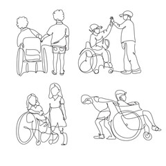 Friendship with kid in a wheelchair line art  vector. Disabled children