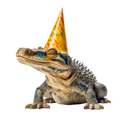 Naklejka premium grumpy crocodile wearing a party hat, isolated on a transparant background, funny animals, clipart cutout scrapbook