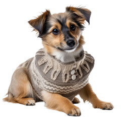 sweet puppy wearing a woolen scarf, isolated on a transparant background, funny animals, clipart cutout scrapbook