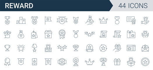 Reward icon set vector. star, Collection of trophy, rank, award, medal, achievements, awards, line illustration